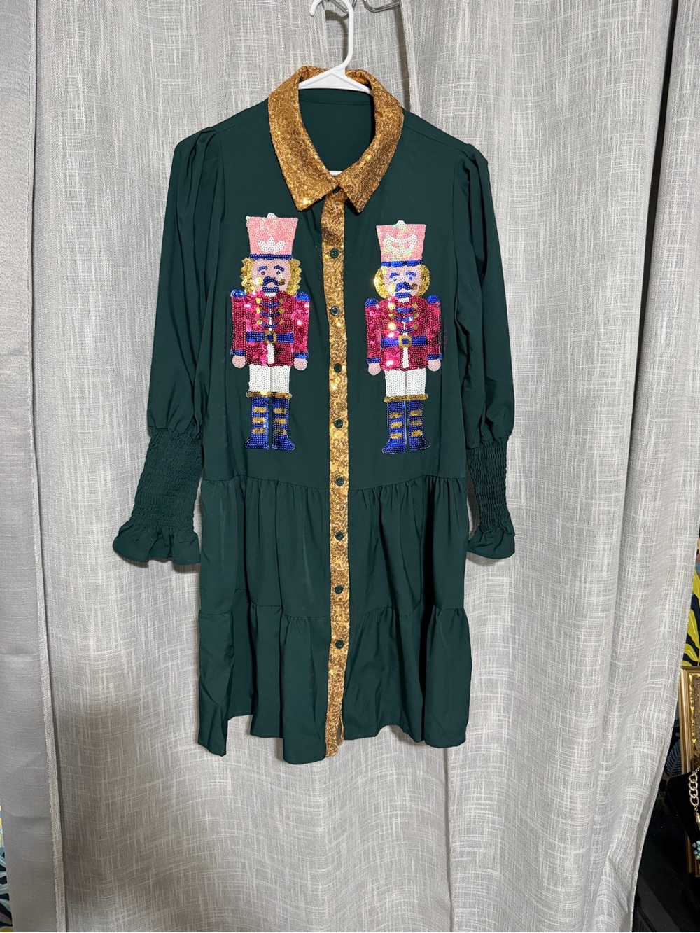 Green Nutcracker Sequin Tunic Dress with Gold Trim Size Adult Medium NWOT